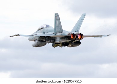 London, Ontario / Canada - September 10 2020:  A Royal Canadian Air Force (RCAF) CF-18 Hornet fighter jet in flight over Airshow London 2020 Skydrive.