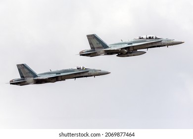 London, OntarioCanada - August 29 2021:  A pair of Royal Canadian Air Force (RCAF) CF-18s during a demonstration a the 2021 Airshow London SkyDrive event.