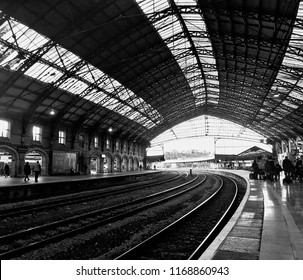 London, Paddington, UK, July 2018. Train station, no trains, with iron structuers.