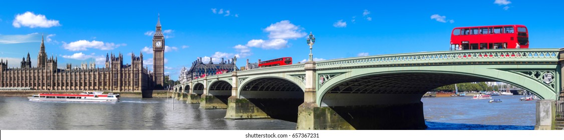 London panorama with red buses on bridge against Big Ben in England, UK                              