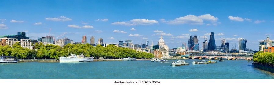 London, Panoramic View Over Thames River With London Skyline On A Bright Day In Spring. This Image Is Toned.