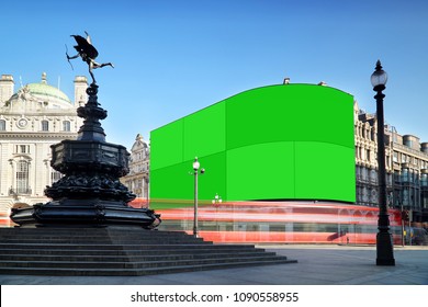 London, Piccadilly Circus with masked out green screen displays.