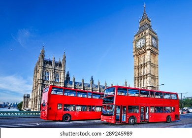 London With Red Bus Against Big Ben In England, UK