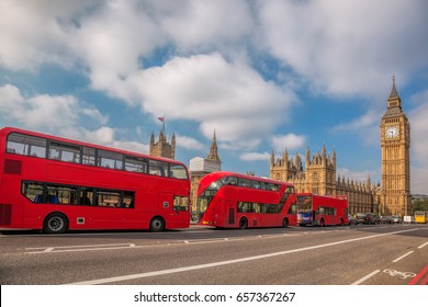  London With Red Buses Against Big Ben In England, UK