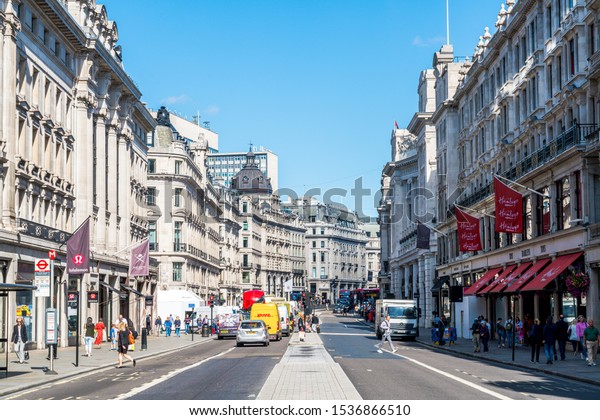 LONDON - SEP 2 2019:\
Regent\'s street in London, UK. It was named after Prince Regent,\
completed in 1825. Every building in Regent Street is protected as\
a Listed Building.