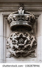 London  - September 06 2019: Close up of a Rose and Crown carved out of stone, London September 06,  2019
