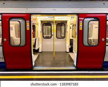 LONDON - SEPTEMBER 19, 2018: An empty Metropolitan Line Train with open doors at Aldgate Station on the Underground in London, UK.