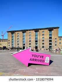 LONDON - SEPTEMBER 20, 2019. A Directional Sign In Granary Square For Coal Drops Yard, A New Shopping Area Developed From Old Coal Sheds Designed By Thomas Heatherwick At King's Cross, London, UK.