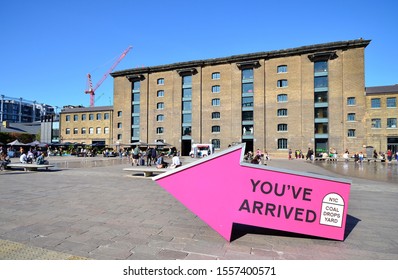 LONDON - SEPTEMBER 20, 2019. A Directional Sign At Granary Square For Coal Drops Yard, A New Shopping Area Developed From Old Coal Sheds Designed By Thomas Heatherwick At King's Cross, London, UK.