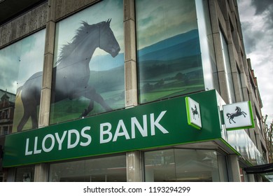 LONDON- SEPTEMBER, 2018: LLoyds Bank Exterior On Oxford Street, London. A British High Street Bank