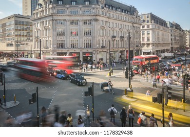 LONDON- SEPTEMBER, 2018: Motion Blurred View Of Oxford Circus, A Famous London Landmark And Busy Shopping Destination