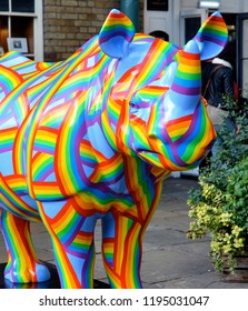 LONDON - SEPTEMBER 23, 2018. A Fibreglass Rhino Sculpture Painted By Patrick Hughes At Covent Garden, One Of 21 Individual Models By Various Artists On Show At Locations Accross London, UK.