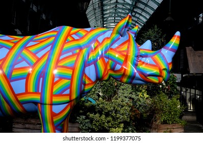 LONDON - SEPTEMBER 23, 2018. A Fibreglass Rhino Sculpture Painted By Patrick Hughes At Covent Garden Market, One Of 21 Individual Models By Various Artists On Show At Locations Accross London, UK.