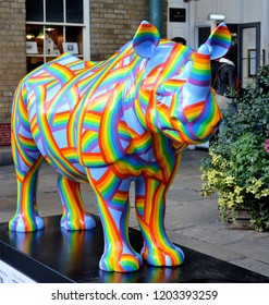 LONDON - SEPTEMBER 23, 2018. A Fibreglass Rhino Sculpture Painted By Patrick Hughes At Covent Garden, One Of 21 Individual Models By Various Artists On Show At Locations Accross London, UK.