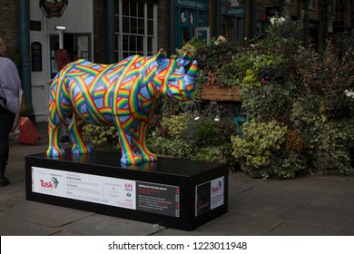 LONDON - SEPTEMBER 23, 2018. A Fibreglass Rhino Sculpture Painted By Patrick Hughes At Covent Garden Market, One Of 21 Individual Models By Various Artists On Show At Locations Accross London, UK.