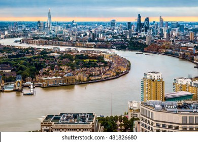 London Skyline During The Daytime, Aerial View With Landmarks