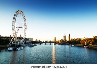 London Skyline Landscape At Sunrise With Big Ben, Palace Of Westminster, London Eye, Westminster Bridge, River Thames, London, England, UK.