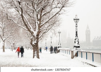 London Snow Scene During Cold Winter Weather, London, UK