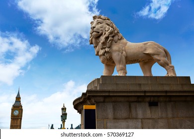 London South Bank Lion And Big Ben Statue Near Thames River