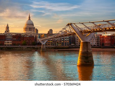 London St Paul Pauls Cathedral Sunset From Millennium Bridge On Thames UK