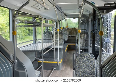 London Stansted, UK 25 May 2022 :  Inside London Stansted Airport Bus Service. Empty Seats, Open Door And Luggage Rack