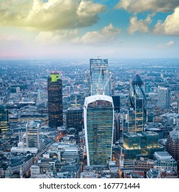 London. Stunning Aerial View Of Modern Skyline At Dusk.