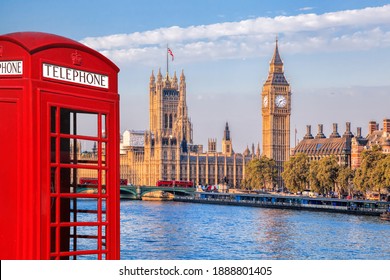 London symbols with BIG BEN, DOUBLE DECKER BUSES and Red Phone Booth in England, UK - Shutterstock ID 1888801405