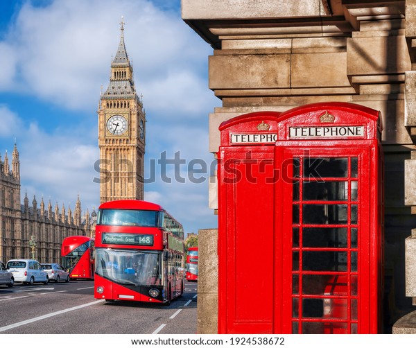 London symbols with BIG BEN, DOUBLE DECKER\
BUSES and Red Phone Booths in England,\
UK