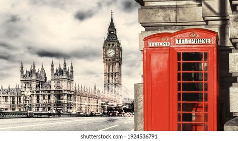 London symbols with BIG BEN and red Phone Booths in England, UK