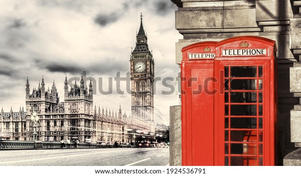 London symbols with BIG BEN and red Phone Booths in\
England, UK