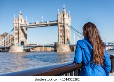 London Tourist City Travel Woman Enjoying View Of Tower Bridge. Urban Lifestyle Tourism Europe Destination Vacation Person Enjoying View Of Famous Attraction, England, Great Britain, UK.
