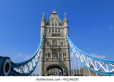 London, Tower Bridge. Pedestrian's view from the iconic drawbridge spanning the Thames River.     