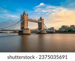 London Tower Bridge and Thames river viewed at sunset hour in London, England