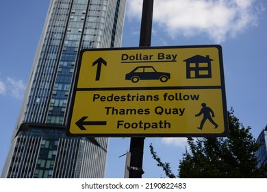 London, Tower Hamlets, UK, August, 8, 2022, Signage Near South Quay DLR Station.