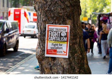 London Trafalgar Square . 07-13-2018. Poster Of Socialist Party On A Tree. Anti Tramp Event.