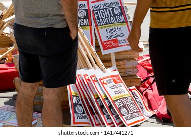 London Trafalgar Square . 07-13-2018. Posters Of Socialists Party .Anti Tramp Event.