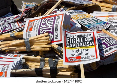 London Trafalgar Square . 07-13-2018. Posters Of Socialist Party. Anti Tramp Event.