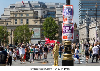 London Trafalgar Square . 07-13-2018. Posters Of Socialist Party On A Street Pole . Anti Tramp Event.