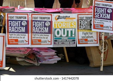 London Trafalgar Square . 07-13-2018. Posters Of Socialist Party. Anti Tramp Event.