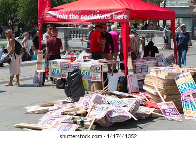 London Trafalgar Square . 07-13-2018. Tent Of Socialists Party. Anti Tramp Event.