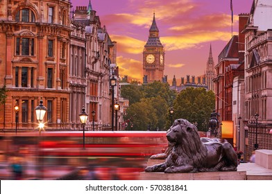 London Trafalgar Square Lion And Big Ben Tower At Background