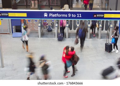 London Train Tube Station Blur People Movement In Rush Hour At King's Cross Station, England, UK 