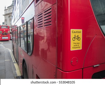 London, UK - 02 February 2015: Back Of The London Bus With Yellow Safety Sticker About Bikes