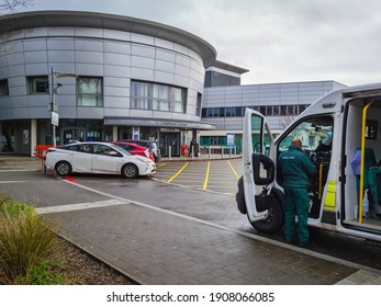 London. UK- 02.02.2021: Exterior View Of The North Middlesex University Hospital With Ambulance In Front.