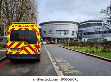 London. UK- 02.02.2021: Exterior View Of The North Middlesex University Hospital With Ambulance In Front.