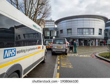 London. UK- 02.02.2021: Exterior View Of The North Middlesex University Hospital With Ambulance In Front.