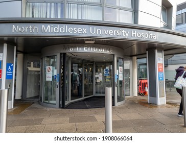 London. UK- 02.02.2021: The Name Sign And Main Entrance Of The North Middlesex University Hospital.