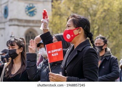 LONDON, UK – 02nd May 2021: We Support NUG Demonstrators March In Support Of The National Unity Government Of Myanmar. Protest After Recent Military Coup And Slaughter Of Burma's Civilians.