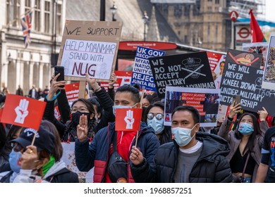 LONDON, UK – 02nd May 2021: We Support NUG Demonstrators March In Support Of The National Unity Government Of Myanmar. Protest After Recent Military Coup And Slaughter Of Burma's Civilians.