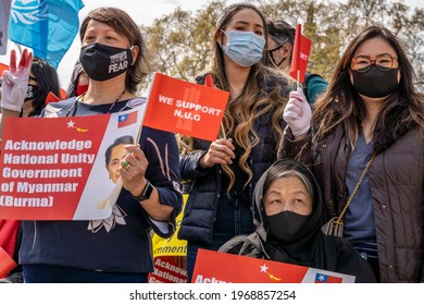 LONDON, UK – 02nd May 2021: We Support NUG Demonstrators March In Support Of The National Unity Government Of Myanmar. Protest After Recent Military Coup And Slaughter Of Burma's Civilians.